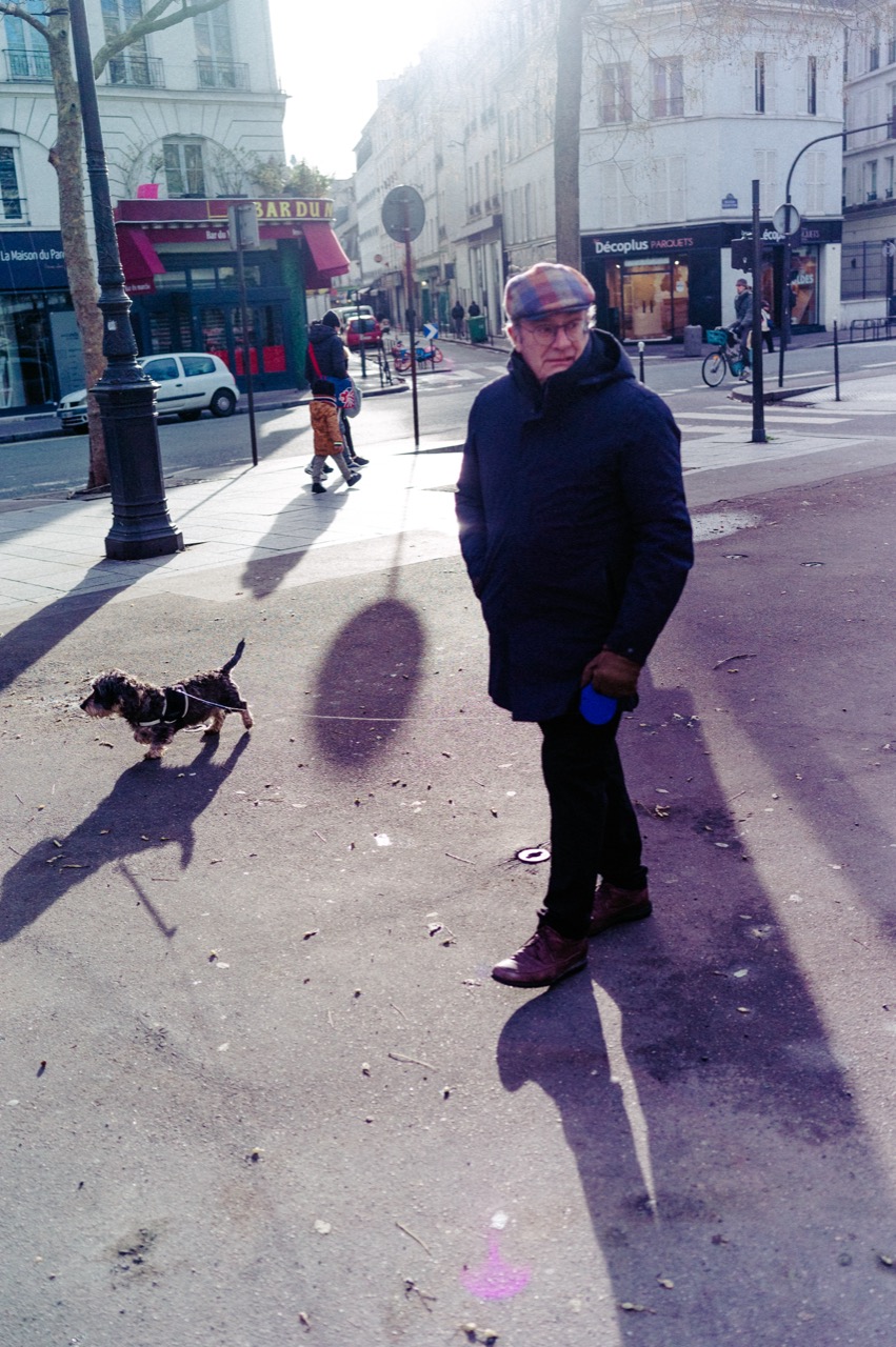 Old gentleman walking a dog in strong backlight, long shadows on the ground